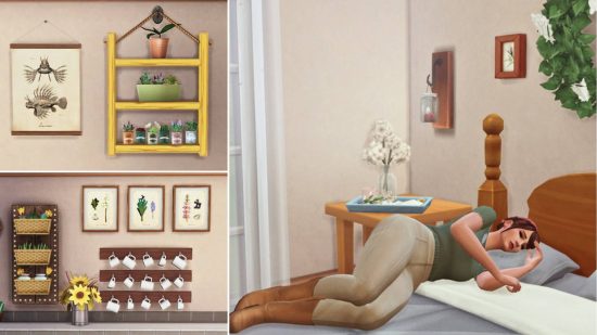 Sims 4 CC: Προσαρμοσμένο περιεχόμενο που περιλαμβάνει κορνίζες, δίσκο πρωινού, πλωτή σχάρα για κούπες και κουτιά λουλουδιών.