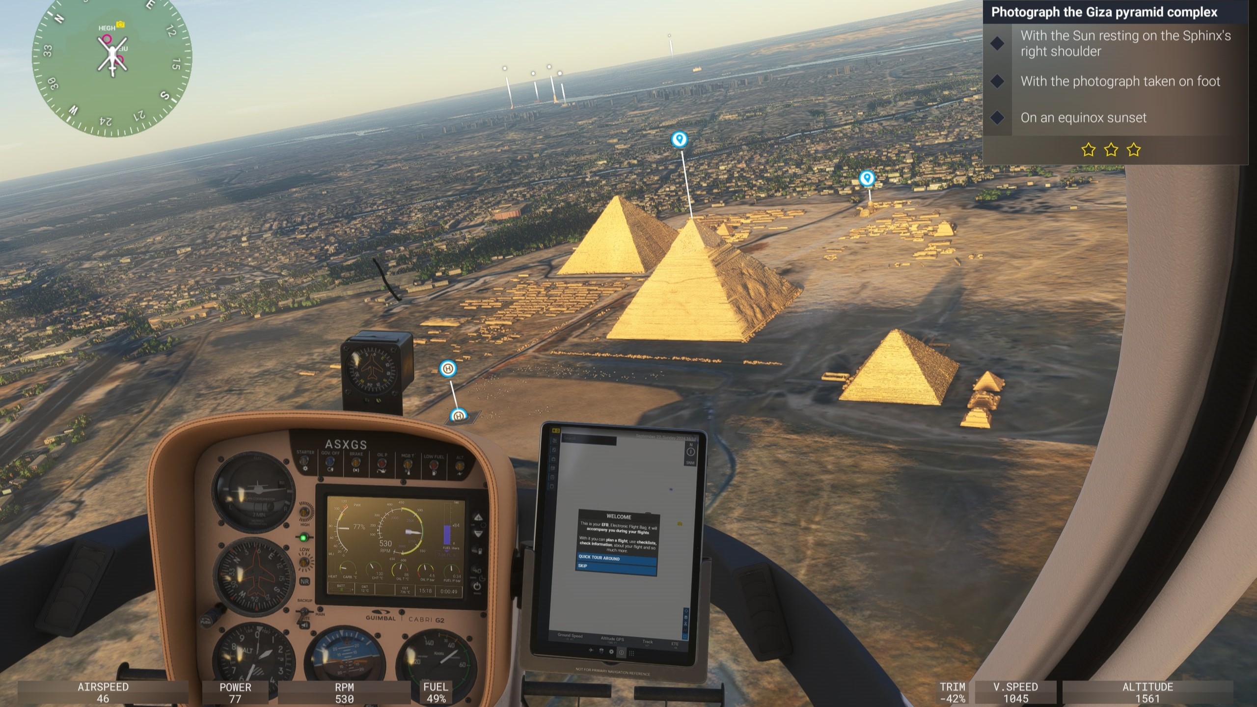 Ένα στιγμιότυπο οθόνης από το Microsoft Flight Simulator 2024 που δείχνει έναν πιλότο να πετά πάνω από τις πυραμίδες της Γκίζας