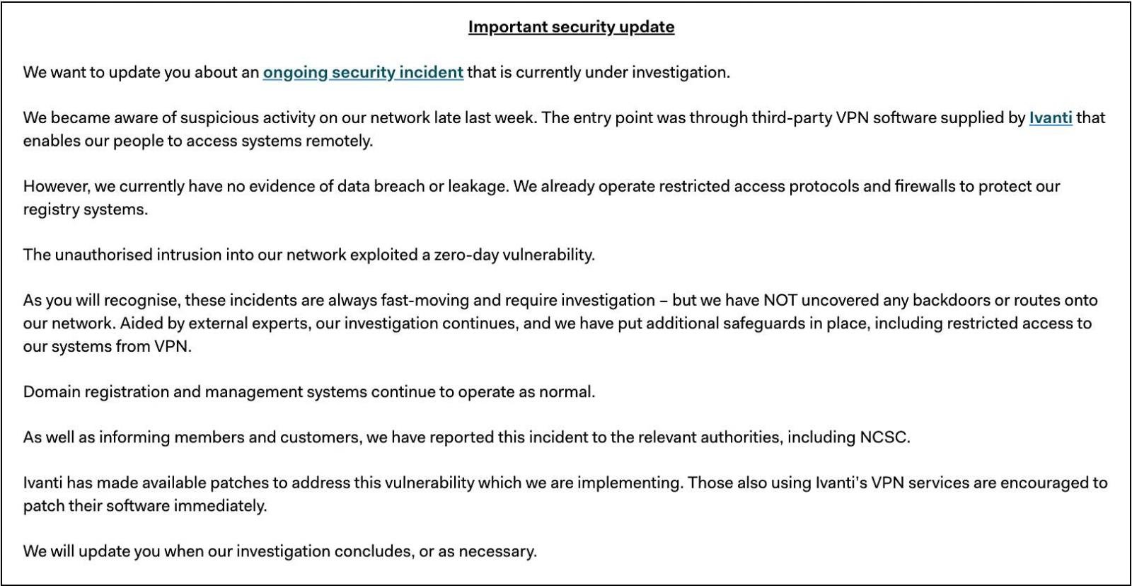 Παραβίαση με Ivanti zero-day από το Μητρώο Nominet του Ηνωμένου Βασιλείου - TechFreak.GR