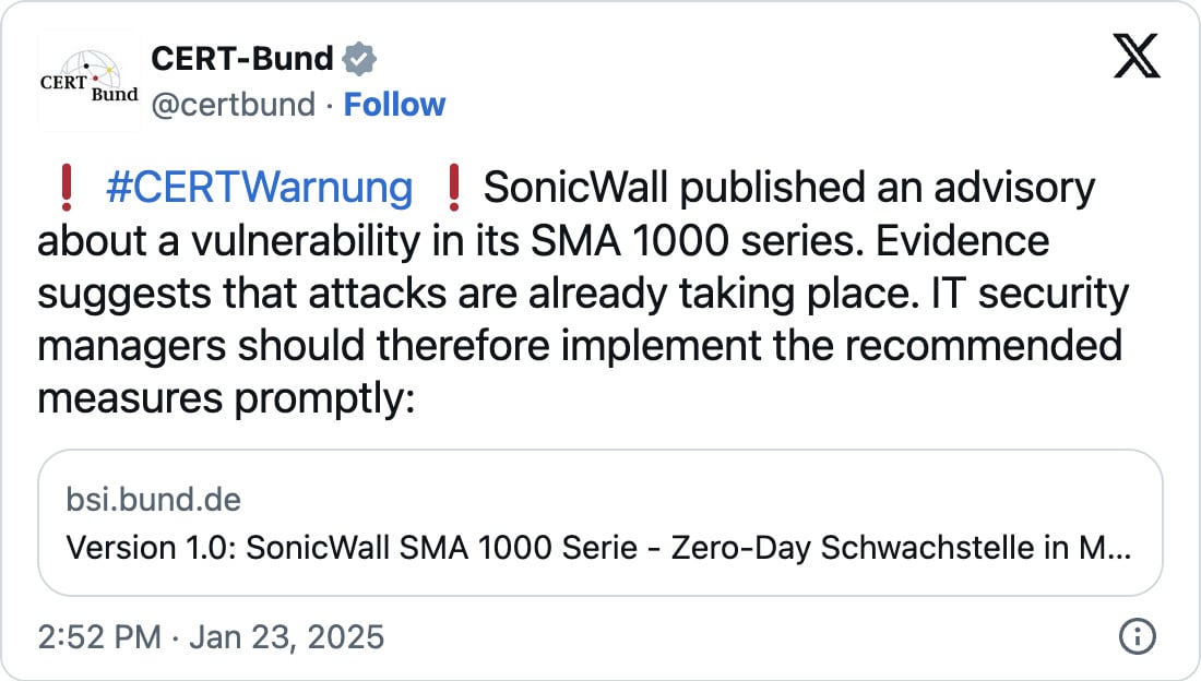 Προειδοποίηση SonicWall για ευπάθεια SMA1000 RCE σε zero-day επιθέσεις - TechFreak.GR